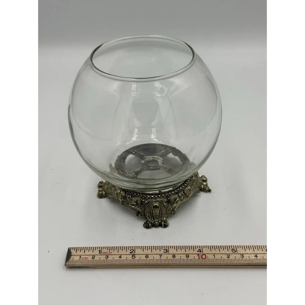 Vintage Glass Clear Fish Bowl Ornate with Metal Base Pedestal 5.5